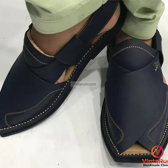 Traditional Handmade Leather Men's Peshawari Chappal,Semi Formal Sandals For Men - Picture 3 of 6